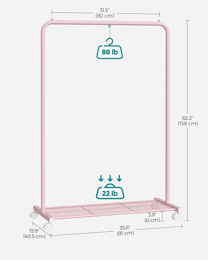 SONGMICS Clothes Rack with Wheels, Clothing Rack for Hanging Clothes, 25.4mm Metal Garment Rack with Dense Mesh Storage Shelf, 110 lb Load Capacity, 2 Brakes, Pink UHSR025P01