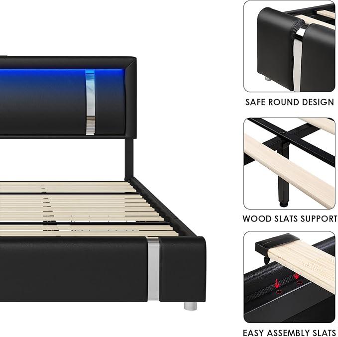 Keyluv King Size Bed Frame with RGB LED Lights & 2 Storage Drawers, Modern Upholstered Platform Bed with Iron Metal Decor, USB Charging Ports, Black