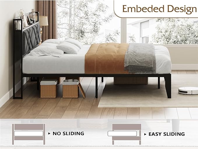 IDEALHOUSE King Size Bed Frame with Storage Headboard, Platform Bed with Charging Station, Solid Metal Bed Frame, No Box Spring Needed, Easy Assembly