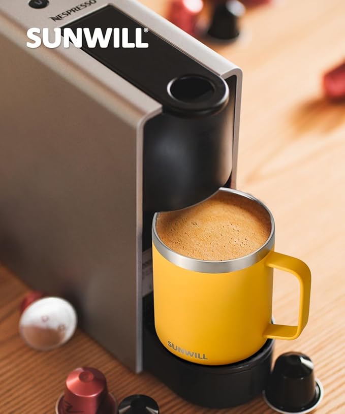 SUNWILL Insulated Coffee Mug with Lid, Travel Tumbler with Handle, 14 oz Stainless Steel Cup for Camping, Office, Home, Powder Coated Yellow