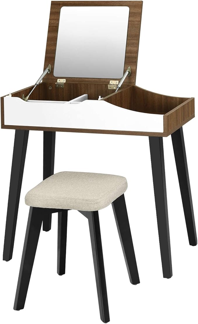 CHARMAID Vanity Desk with Flip Top Mirror, Storage Compartments, Removable Dividers, Bedroom Makeup Dressing Table, Wooden Vanity Set Writing Desk with Stool for Kids Girls Women