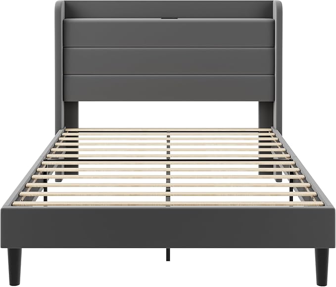 SHA CERLIN Queen Bed Frame with Charging Station, Velvet Upholstered Platform Bed, Wingback Storage Headboard, Type-C & USB Ports, Strong Wooden Slats, No Box Spring Needed, Easy Assembly, Grey