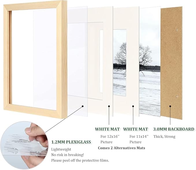 Egofine 16x20 Solid Wood Picture Frame, Made of Solid Wood Covered by Plexiglass 11x14/12x16 with Mat 16x20 without Mat, Poster Frame for Wall Mounting Photo Vertically or Horizontally, Natural Wood