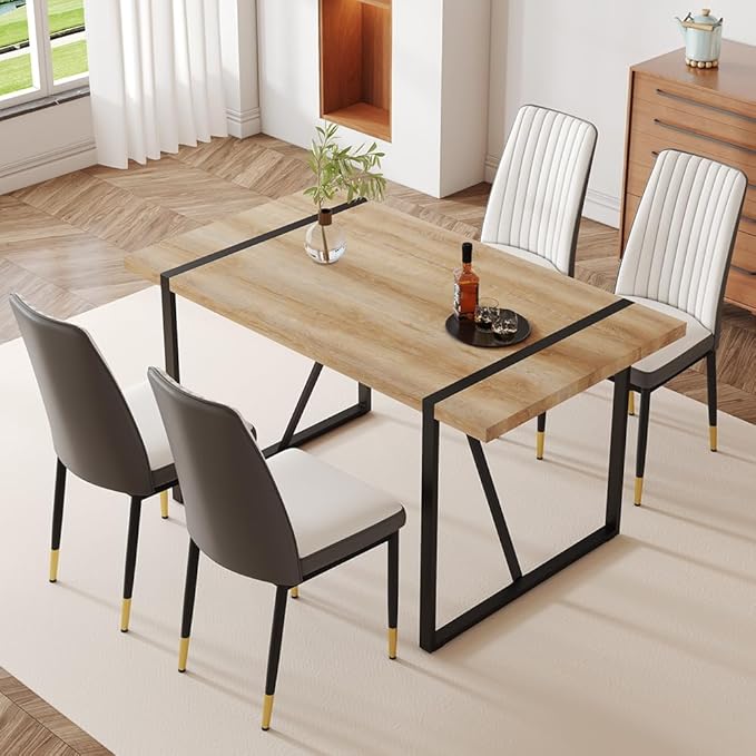 Dining Table Chairs Set for 4, Modern Rectangular Dining Room Table Set PU Leather Upholstered Dining Chairs 55" Dinner Table Set for Kitchen, Dining Room (Dining Table Set for 4, White Grey)