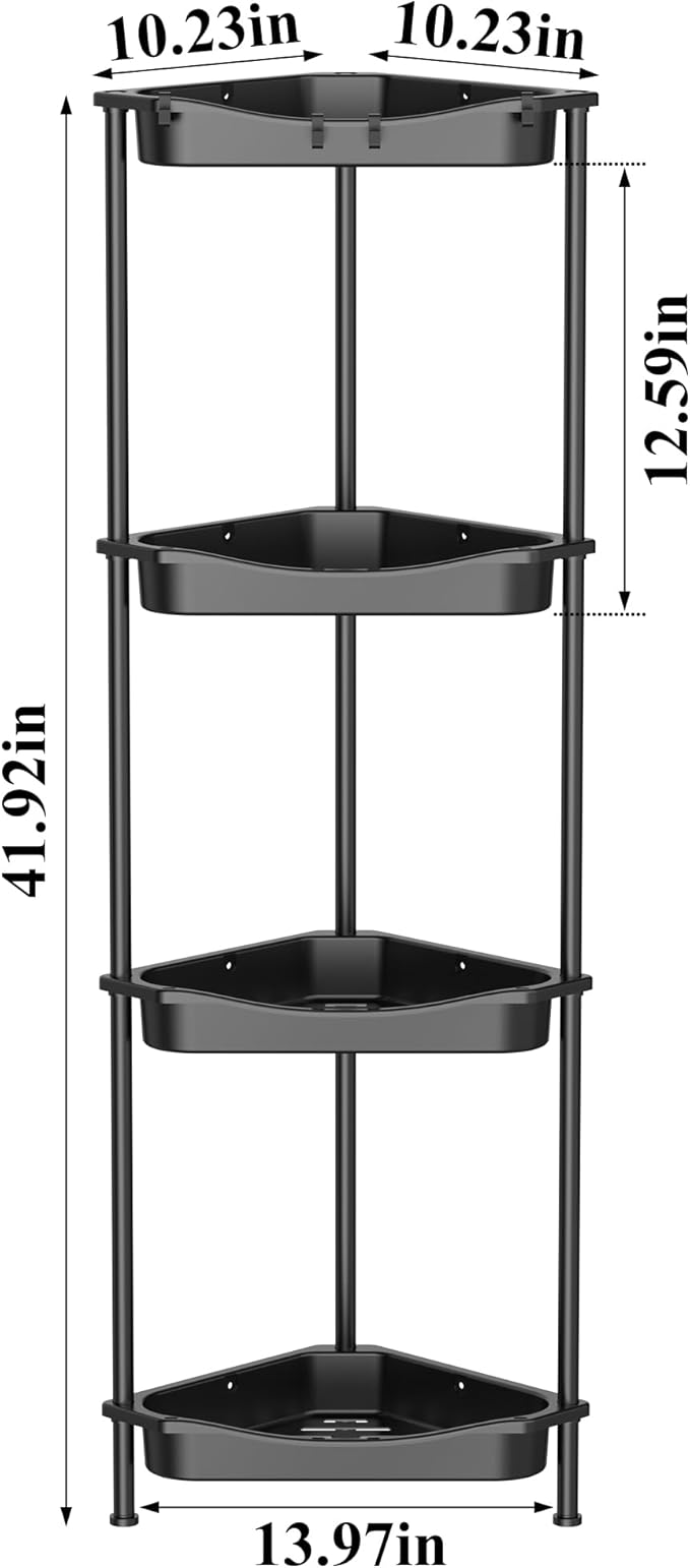 4 Tier Floor Standing Corner Shower Caddy Organizer Shelf with Hooks, Bathroom Shelves Stand Rack, Jet Black