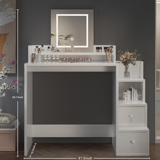 Vanity Desk with Mirror and Lights, Makeup Vanity Desk with Lights 3 Colors, Vanity Table with 2-Tier Shelves, Modern White Dressing Table for Bedroom