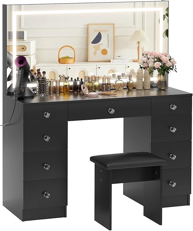 VOWNER Vanity with Lighted Mirror - 47" Makeup Vanity Desk with 9 Drawers and Power Outlet, 3 Color Lighting Modes Adjustable Brightness, Makeup Desk with Soft Cushioned Stool for Bedroom, Black