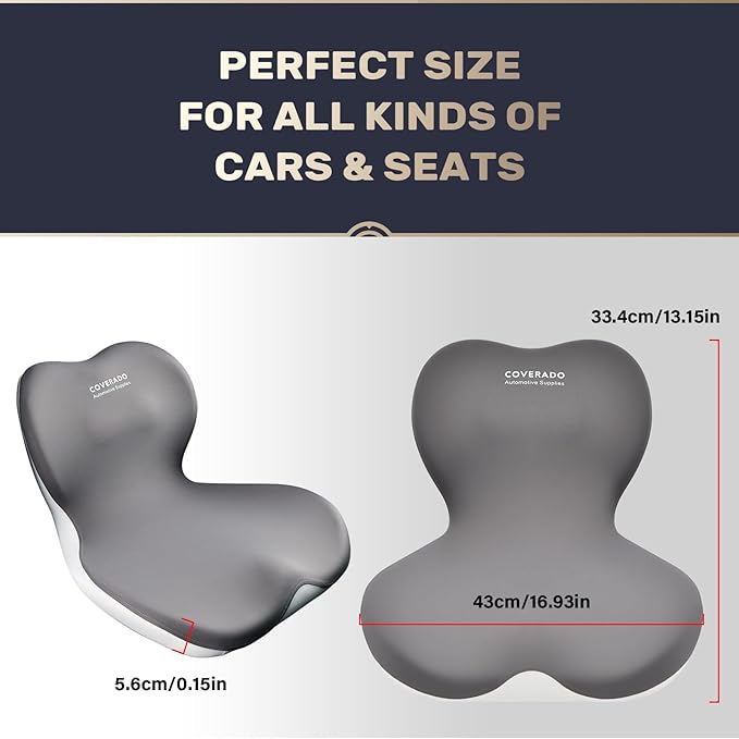 Coverado Car Seat Cushion and Lumbar Support Pillow One Piece, Memory Foam Ergonomic Back Support Driving Seat Cushion for Back Pain, Non-Slip Washable Cushion for Car, Driver, Office