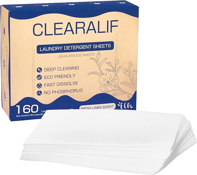 Laundry Detergent Sheets Up to 320 Loads, Fresh Linen - Great For Travel,Apartments, Dorms,CLEARALIF Laundry Detergent Strips Eco Friendly & Hypoallergenic (80 Sheets, Pack of 2)