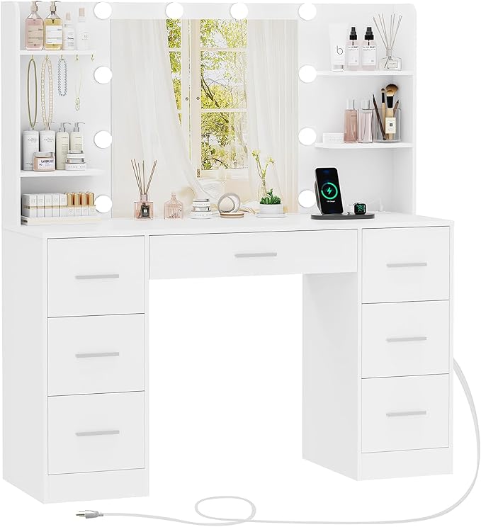 Large Makeup Vanity, 42.1" Vanity Desk with Mirror and Lights, Makeup Vanity Table with 7 Drawers, 4 Shelves, 5 Jewel Hooks & Power Strip, Vanity Desk Set for Bedroom, White