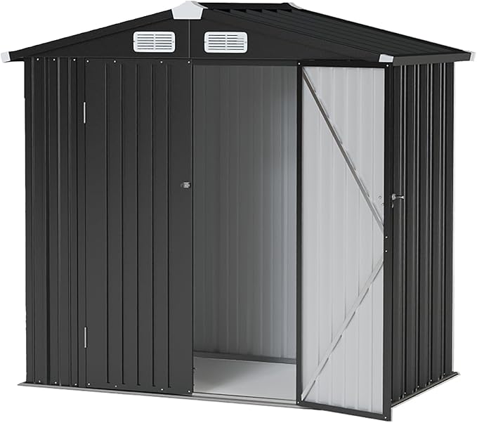 6x4 FT Outdoor Storage Shed, Metal Garden Tool Shed with Sloping Roof & Lockable Door for Patio Lawn Backyard (Black)