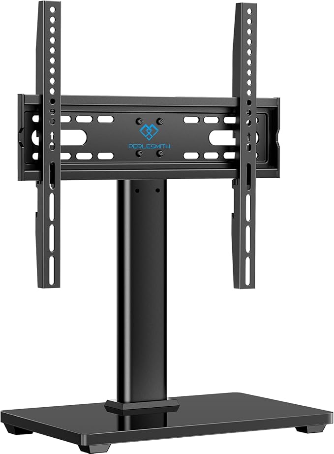 PERLESMITH Universal TV Stand, Table Top TV Stand for 32-60 inch TVs & Monitors, Height Adjustable TV Mount Stand Holds up to 88 lbs with Tempered Glass Base & Wire Management, VESA 400x400mm PSTVS04