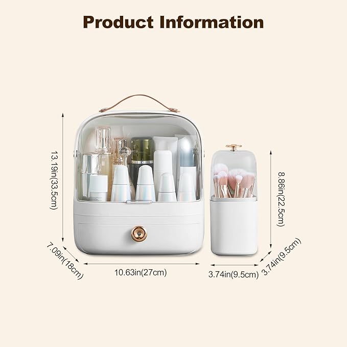 Ergocar Make Up Case Dustproof Cosmetics Skin Care Products Cosmetic Storage Box, Multi-Function Jewelry Organizer Case - White + Brush Holder