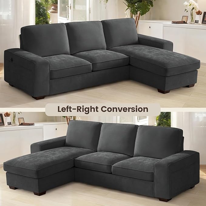 PARKOL 99" L-Shaped Sectional Couch with Storage, Sofa with Reversible Chaise, USB Type-C Charging, Chenille Fabric, Removable Cushion Covers, for Small Space, Apartment, Living Room, Dark Gray