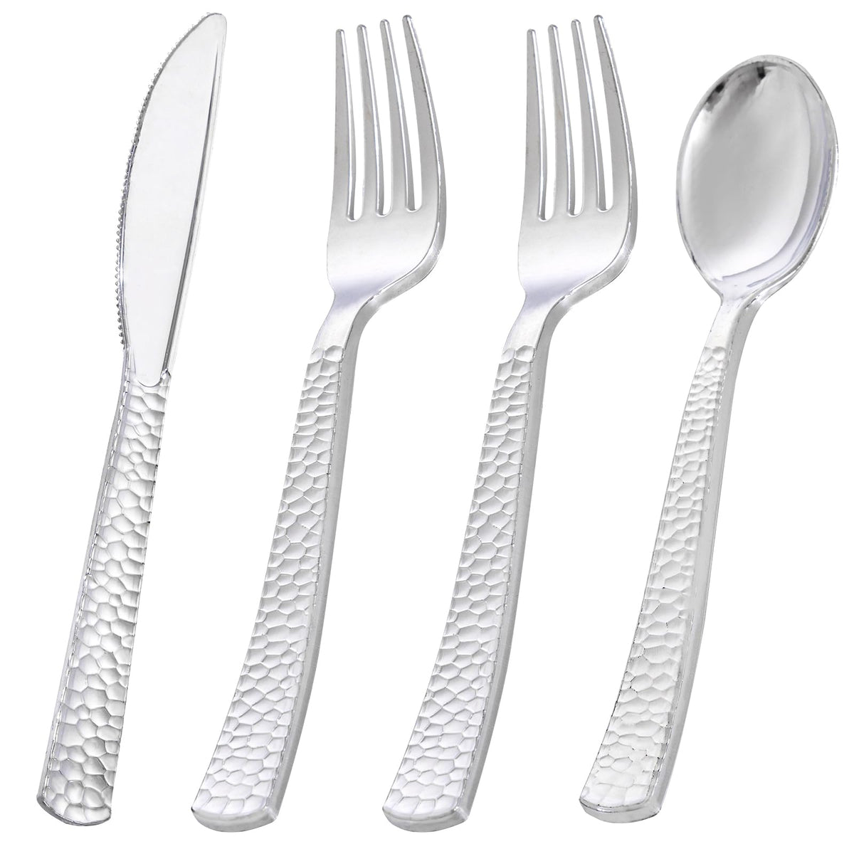 KIRE 400PCS Gold Plastic Silverware - Extra Heavy Duty Hammered Silverware Disposable Set, Gold Utensils Set Include 200 Forks,100 Knives,100 Spoons for Party/Wedding/Father's Day