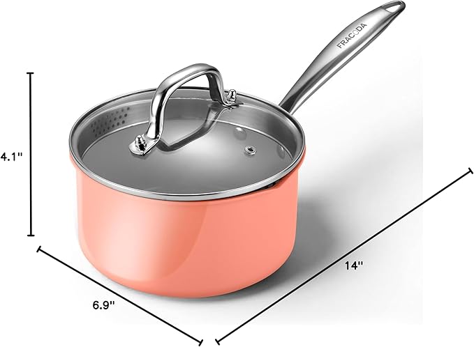 Fracoda 3.0 Quart Stainless Steel Pot Saucepan with Glass Strainer Lid, Sauce Pot with Two Side Spouts, Induction Cooking Pot, Multipurpose Sauce Pan with Lid for Cooking