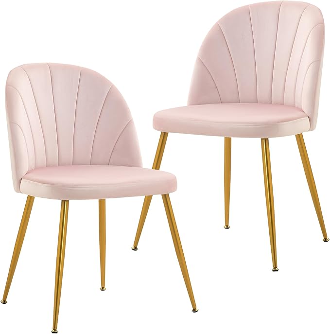 Velvet Dining Chairs Set of 2, Upholstered Mid Century Modern Dining Chairs, Armless Accent Chair with Metal Gold Legs for Living Room, Kitchen, Dining Room, Pink