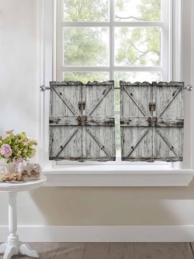 Vintage Gate Half Window Curtain 36 Inches Long, Farmhouse Wooden Grain Shabby