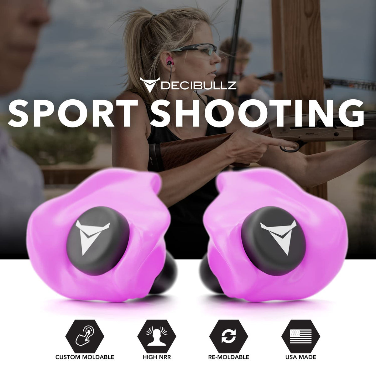 Decibullz - Custom Molded Earplugs, 31dB Highest NRR, Comfortable Hearing Protection for Shooting, Travel, Swimming, Work and Concerts (Pink)