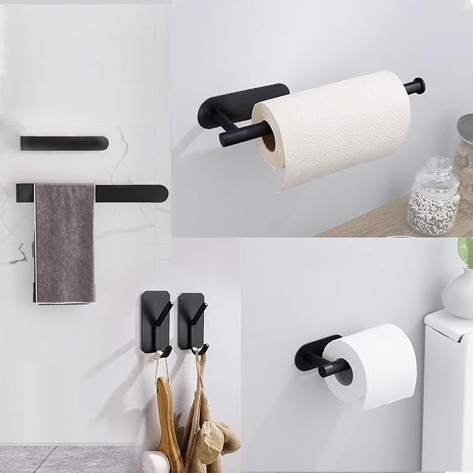 HUFEEOH Adhesive Bathroom Accessories Set, 6 Piece Bathroom Hardware Set Towel Racks for Bathroom Wall Mounted Black Towel Bar Set