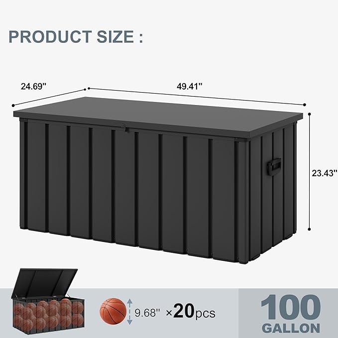 PURPLE LEAF Outdoor Deck Box 100 Gallon Waterproof Lockable Storage Box Container with Lid Deck Organization for Patio Cushions Side Table Pool Accessories Garden Tools, Gray