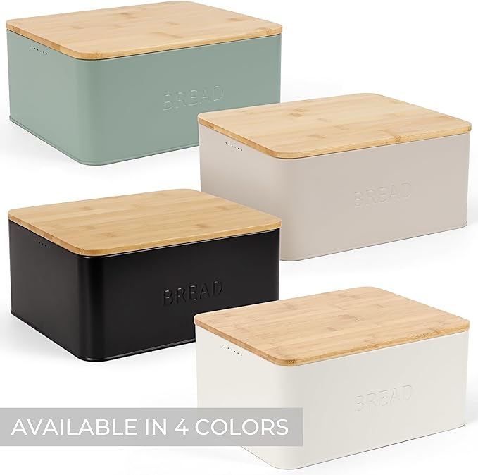 ZICOTO Beautiful Bread Box With Wooden Lid For Your Kitchen Countertop - Spacious Container Perfectly Stores Your Homemade Bread, English Muffins & Bagels - Quality Cutting Board Lid Keeps Loaf Fresh