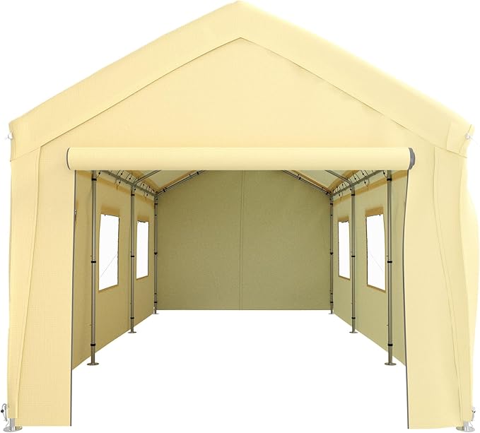 VEVOR Carport 10x20 ft Heavy Duty Canopy, Portable Garage Shelter with 8 Legs, Removable Sidewalls & Windows, Adjustable Peak Height 8.3-10 ft, Ideal for Cars, Boats, and Parties, Yellow