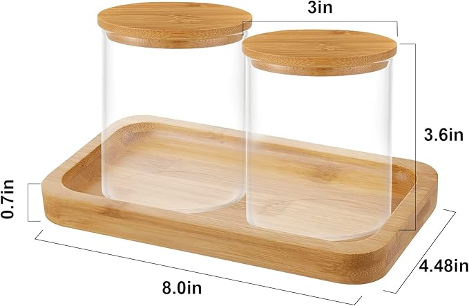 Bamboo Vanity Tray, Bathroom Tray Organizer Glass Qtip Holder Dispenser Apothecary Jars for Cotton Swabs Balls, Round Pad, Perfume Candles, Cosmetics and Jewelry Storage Organizer