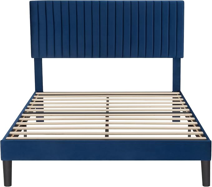 Allewie Queen Bed Frame, Velvet Upholstered Platform Bed with Adjustable Vertical Channel Tufted Headboard, Mattress Foundation with Strong Wooden Slats, Box Spring Optional, Easy Assembly, Navy Blue