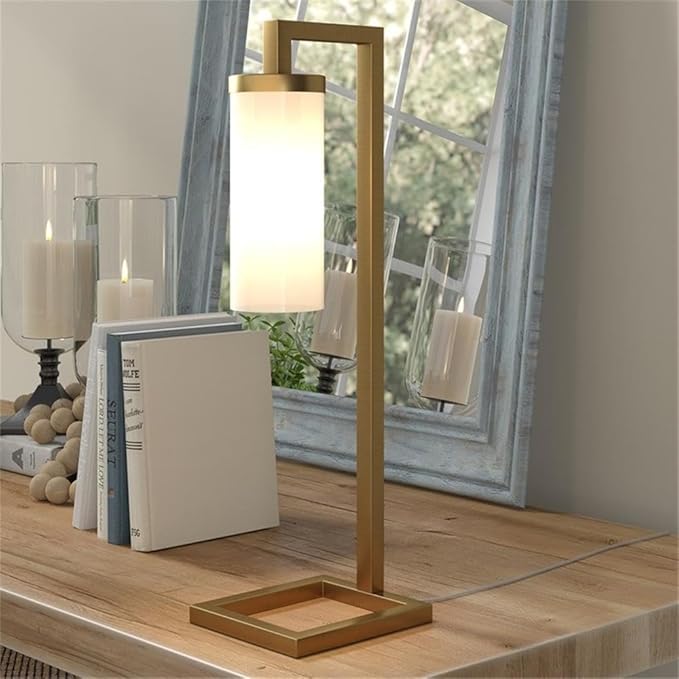 Henn&Hart 26" Tall Table Lamp with Glass Shade in Brass/White Milk, Lamp, Desk Lamp for Home or Office