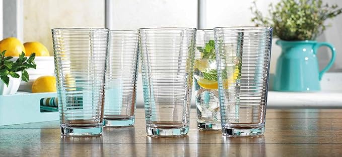Glaver's Drinking Glasses Set of 10 Highball Glass Cups, Premium Quality 17 Oz. Coolers, Ribbed Glassware. Ideal for Water, Juice, Cocktails, and Iced Tea. Dishwasher Safe.