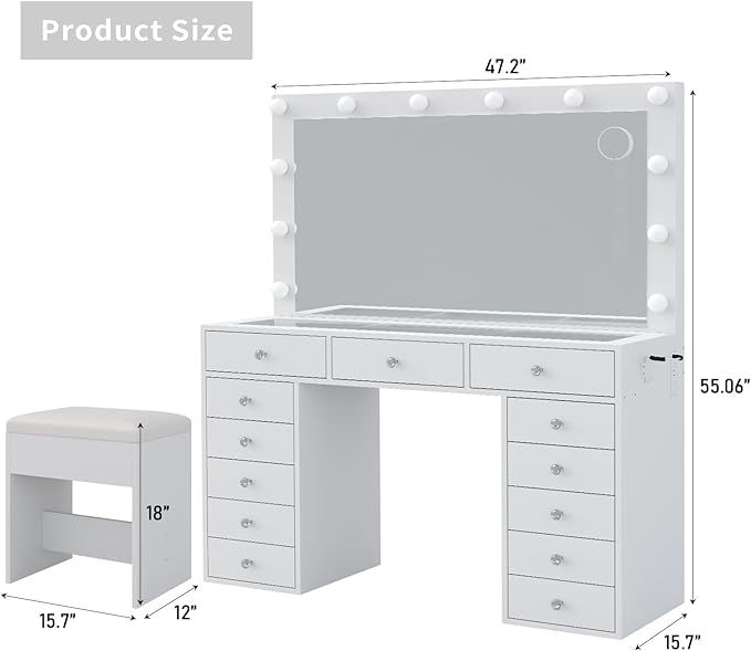 Makeup Vanity with Charging Station, 13 Drawers Vanity Desk with 12 LED Bulbs and HD Mirror, 3 Color Brightness Adjustable, Glass Top, Vanity Set for Bedroom (White)