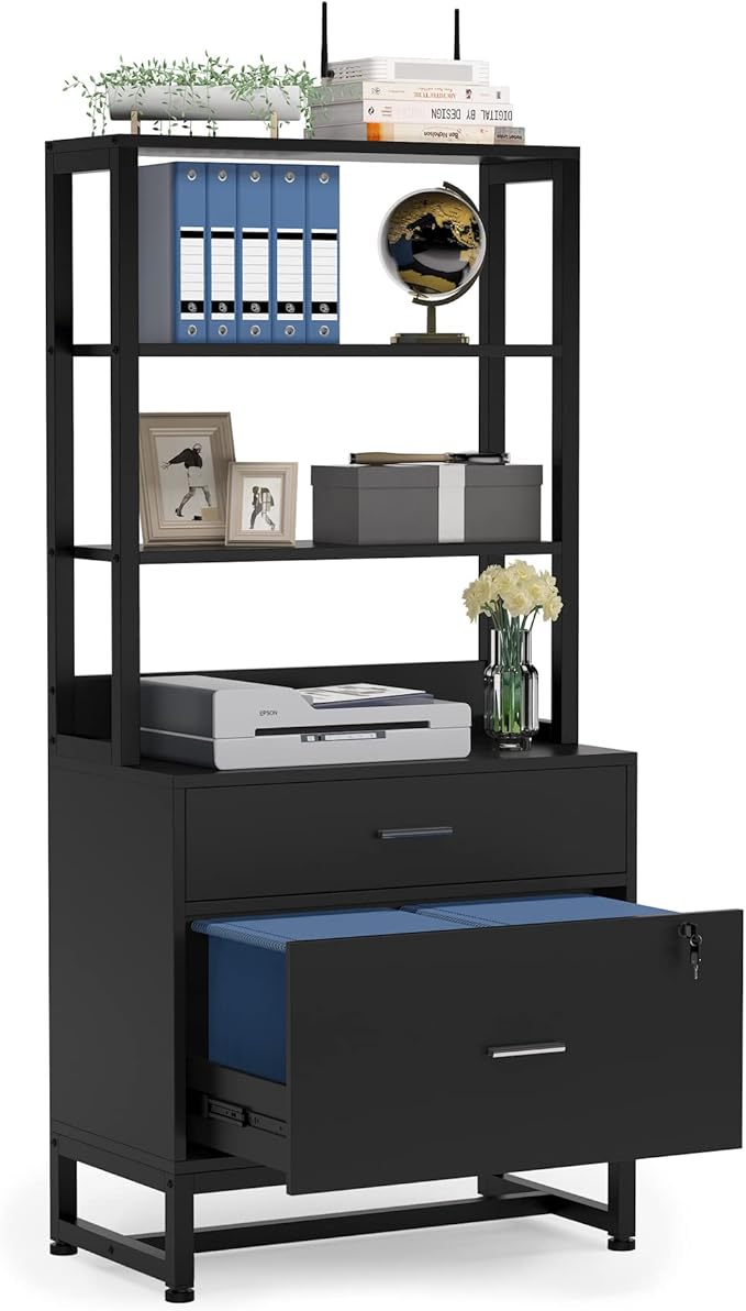 Tribesigns 2 Drawer Vertical File Cabinet with Lock & Bookshelf, Letter Size Large Modern Filing Cabinet Printer Stand with Open Storage Shelves for Home Office, Black