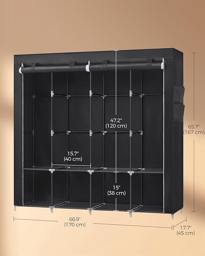SONGMICS Portable Closet, Wardrobe Closet Organizer with Cover, 4 Hanging Rods and Shelves, 4 Side Pockets, 17.7 x 66.9 x 65.7 Inches, Large Capacity for Bedroom, Living Room, Ink Black URYG094B02