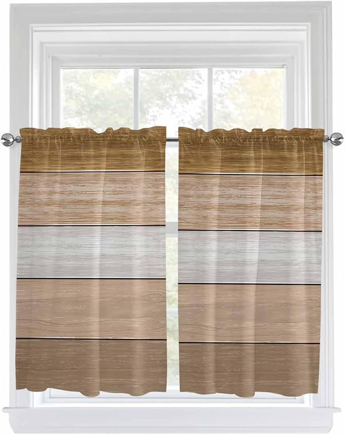 Retro Farm Wood Board Window Valance Curtains, 2 Panel