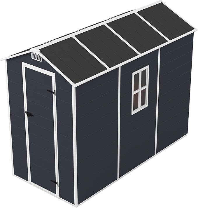 8x4 FT Outdoor Storage Resin Shed with Floor,Waterproof Plastic Garden Bike Shed with Lockable Door, Sloped Roof, Vents & Windows, Easy Assembly Tool Shed for Lawn, Backyard, Patio, Black
