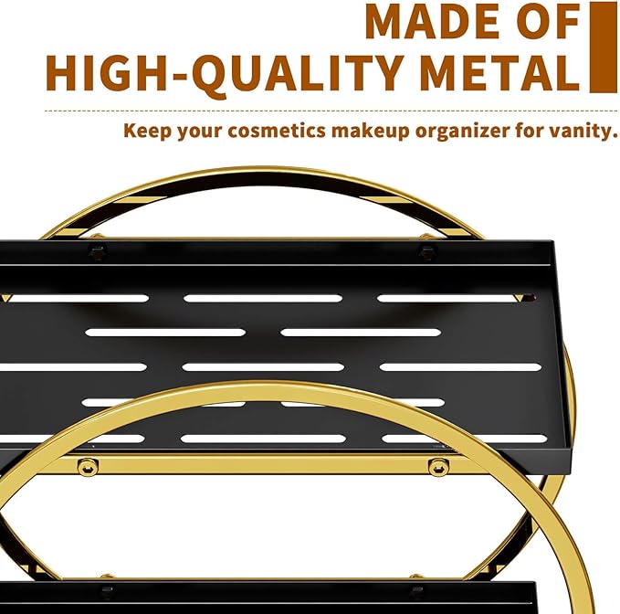 Makeup Organizer for Vanity, Black Gold Perfume Organizer for Dresser, 2-Tier Bathroom Countertop Organizers, Bathroom Counter Shelf Skincare Holder Perfume Tray Cosmetic Display