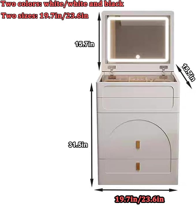 Compact Vanity Desk with Mirror, 3 in 1, Corner, Small Makeup with Stool, Flip Over Vanity Desk with Four Storage Areas and LED Mirror Light (White, 19.7in)