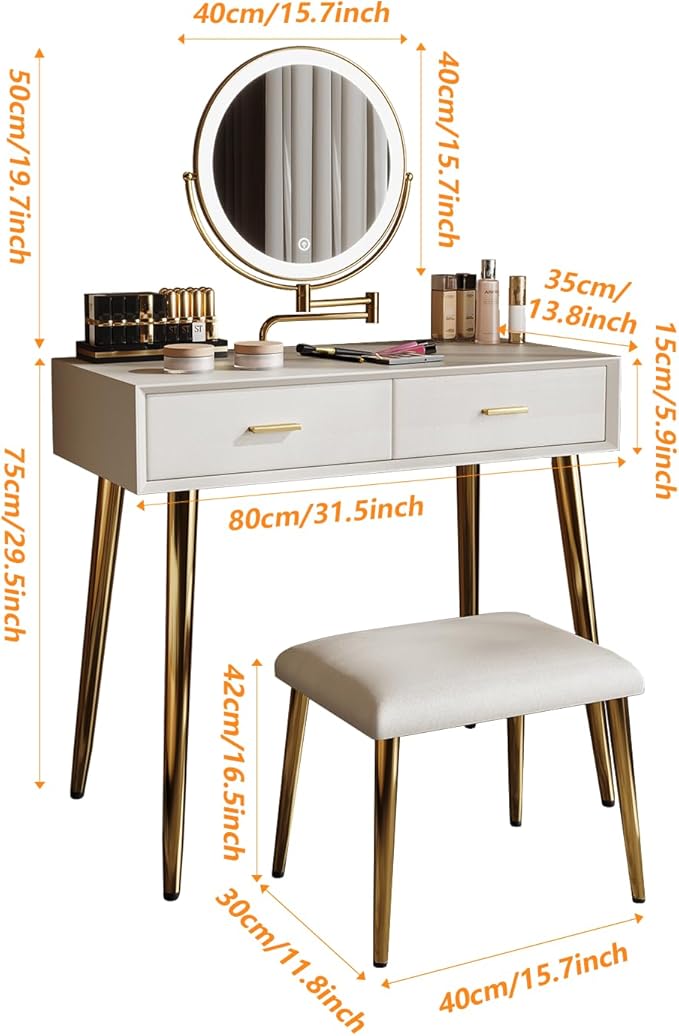 Vanity Desk with Adjustable Mirror and Lights, Makeup Desk with Drawers and Chair, Dressing Table Set with Leather Surface, Small Vanity Table for Bedroom, 3 Lighting Modes (Beige)