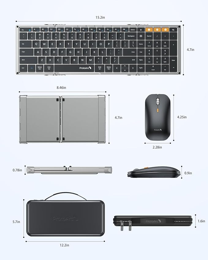 ProtoArc Foldable Keyboard and Mouse, XKM01 True Full-Size Folding Wireless Keyboard Mouse Combo for Business Travel, a Portable Office Suite On-the-Go, Compatible with Laptop iPad Tablet - Black Gray