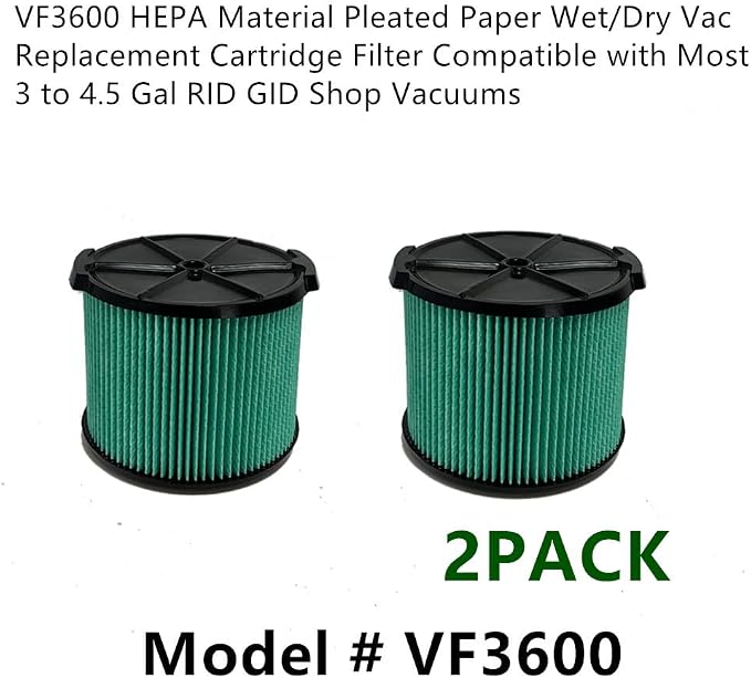 2 PACK yamoutai VF3600 HEPA Material Pleated Paper Wet/Dry Vac Replacement