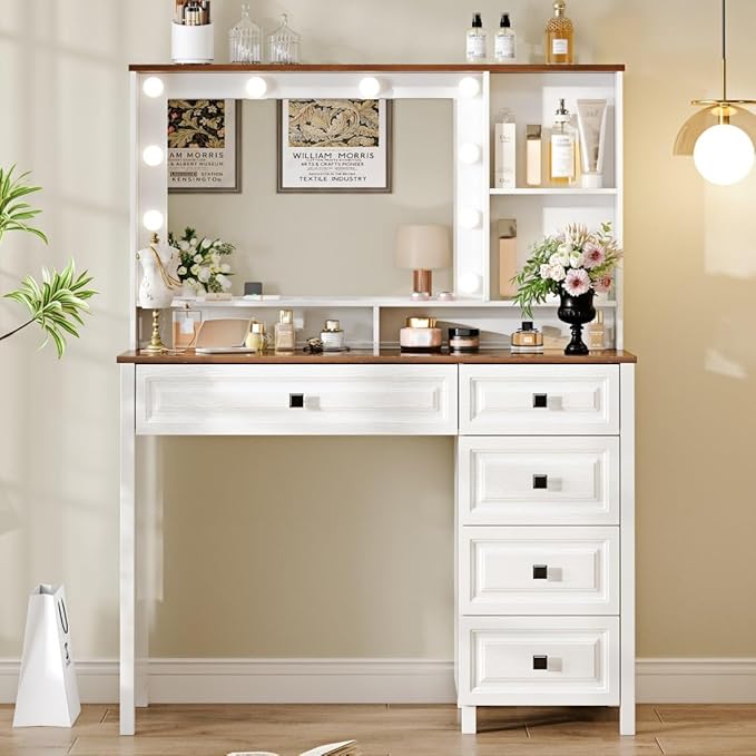 43" Large Vanity Desk with Mirror and Lights,Makeup Vanity with 10 Lights,Modern Makeup Table with 5 Drawers,Open Shelves for Bedroom Makeup Room,Cream