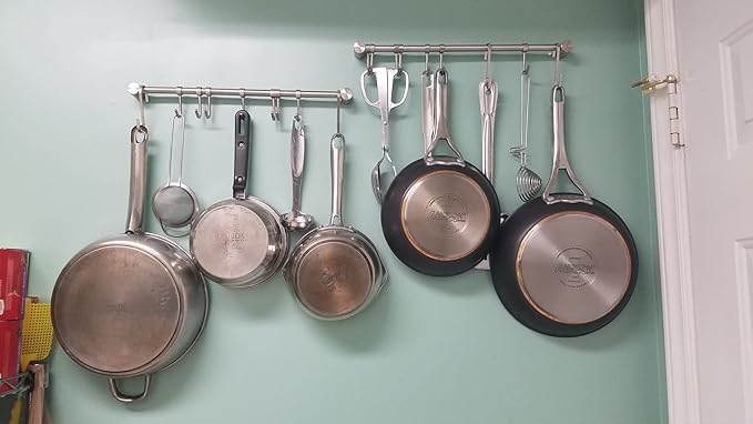 15.6 Inch Wall Mounted Pots and Pans Hanging Rack, 304 Stainless Steel, Rust Resistant, Space Saving, Easy Installation, 7 Sliding Hooks, 1 Pack