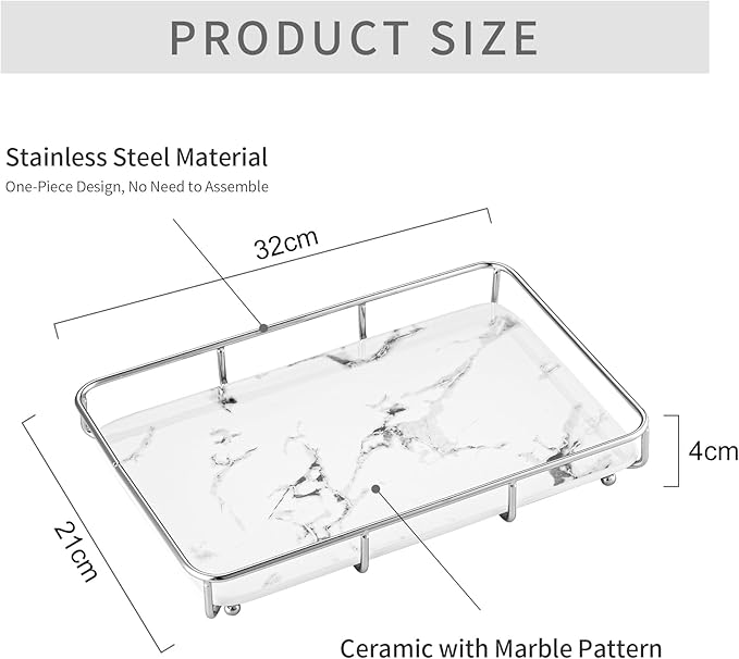 Vanity Tray Makeup Organizer Cosmetics Storage Bathroom Skincare Organizer Countertop Display Rack in Dresser Stainless Steel Shelf Marble Print Ceramic Trays