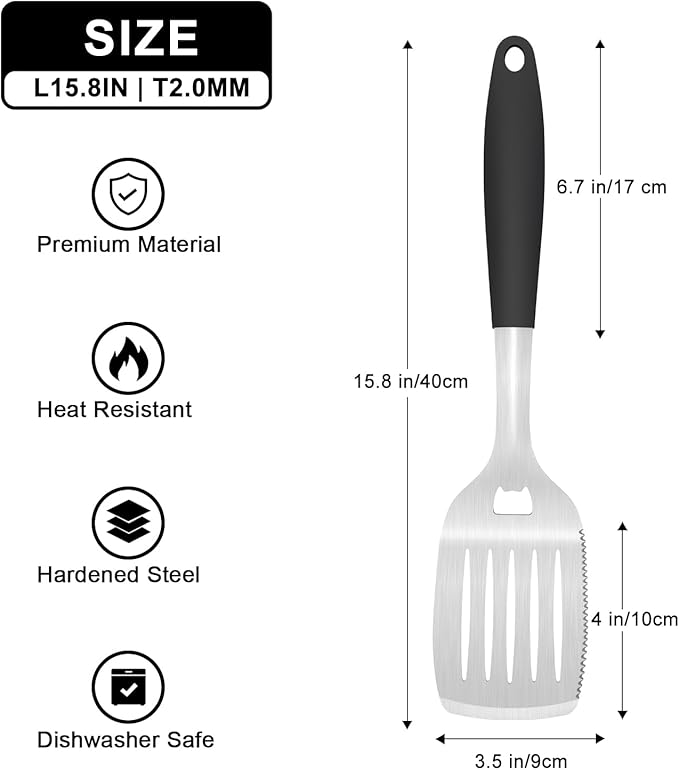 POTWIY 15.8'' Stainless Steel Grill Spatula for Outdoor Grill, 3-in-1 Metal BBQ Spatula Turner with Full Tang Silicone Handle and Serrated Edge, Heavy Duty Barbecue Tools Spatula for Grilling Cooking