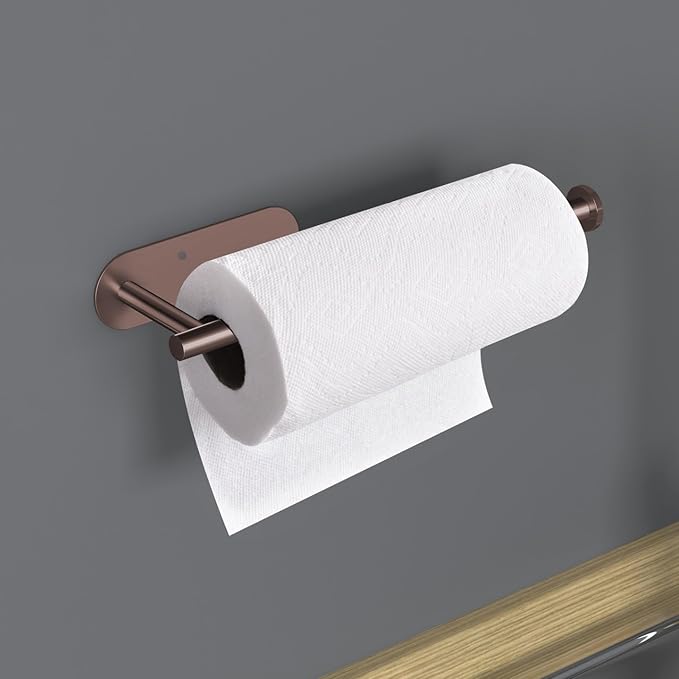 VAEHOLD Adhesive Paper Towel Holder Under Cabinet Wall Mount for Kitchen Paper Towel, Black Paper Towel Roll Holder Stick to Wall, Stainless Steel (Rose Gold)