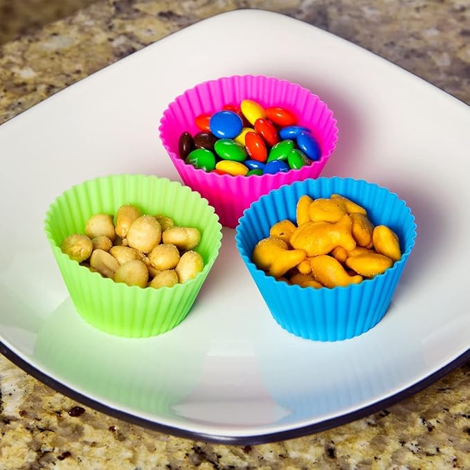 Cupcake Liners - Reusable Silicone Cupcake Baking Cups - Non-Stick Baking Muffins Mold - Use As Lunch Box Dividers - Set of 12 Kitchen Accessories - Great Gift Idea