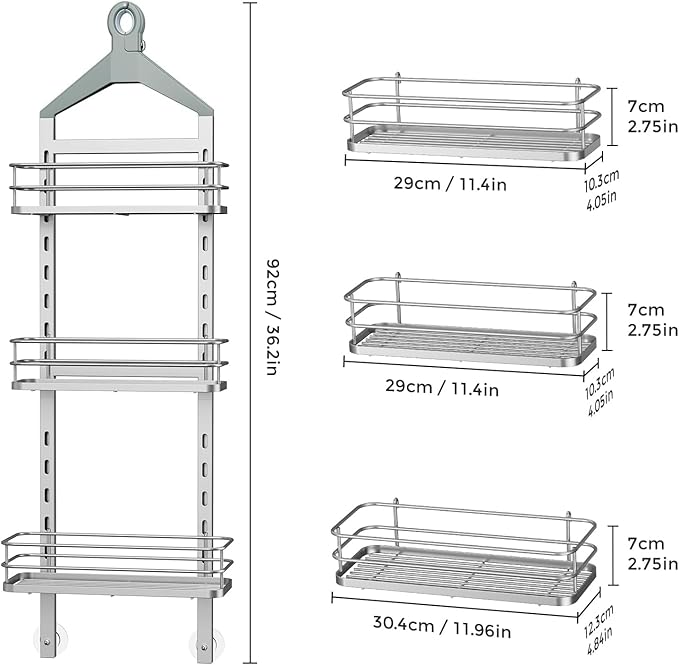 ODesign 3 Tier Height-Adjustable Shower Caddy Hanging Anti-Swing-Over The Shower Head Caddy-Storage Organizer Bathroom Shelves Basket-Silver