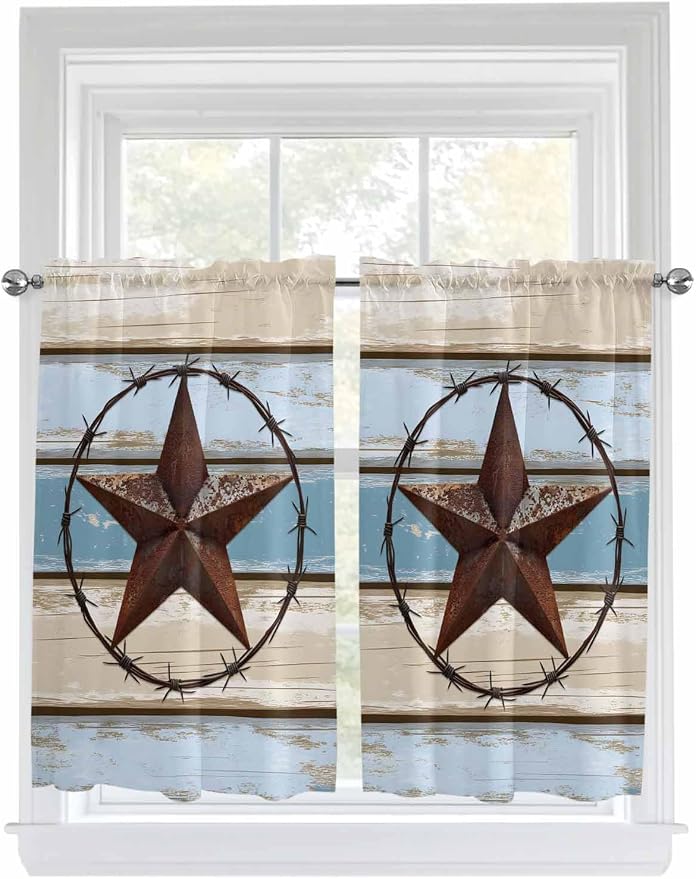 Vintage Western Star on Wood Grain Window Valance Curtains, Retro Wooden