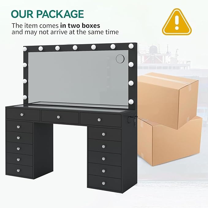 55'' Vanity Desk, Makeup Vanity with Charging Station, 13 Drawers with Lighted Mirror, 3 Lighting Modes, Brightness Adjustable, Glass Top, Vanity Table with Chair for Bedroom, Black